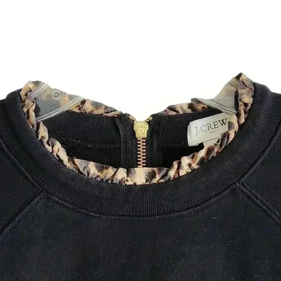 J.Crew Women’s Small Black Cotton Sweatshirt Leopard Print Ruffle Trim Crewneck - Picture 1 of 10